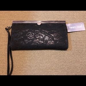 Wet Seal Black Faux Leather & Lace Clutch/Wallet